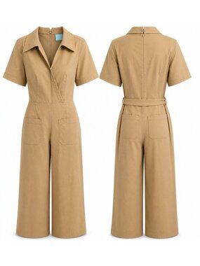 Maeve By Anthropologie Plus Short-Sleeve Belted Jumpsuit In Tan